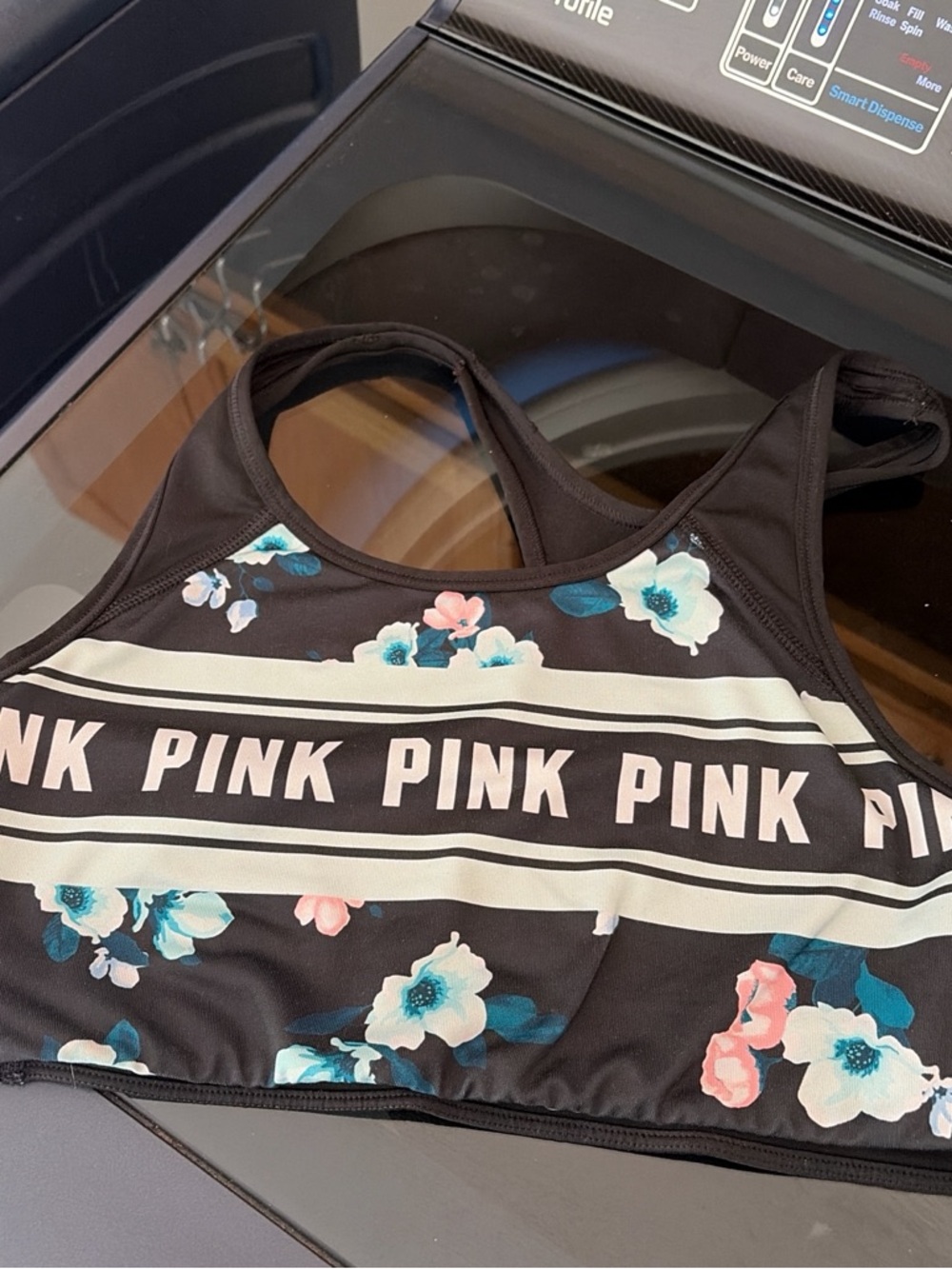 PINK Victoria's Secret Floral Stripe Sports Bra in Black, White, Teal, Pale Pink
